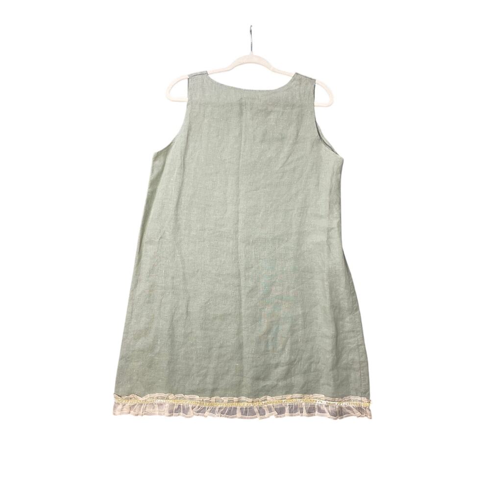 Y2K Vintage 100% Linen Sage Green & Cream Lace Knee Length Tent Dress Large - Picture 2 of 4